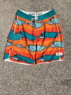 Billabong Andy Davis Collab Teal & Orange Whale Stripe Board Shorts | Size 11-12